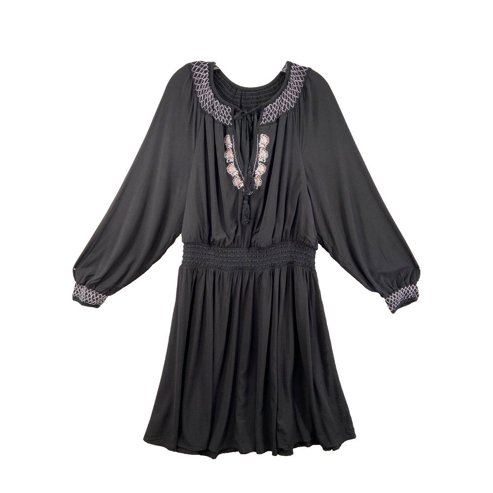 Torrid Dress 3X Black White Trim Smocked Long‎ Sleeve Midi Boho Fairy Stretch